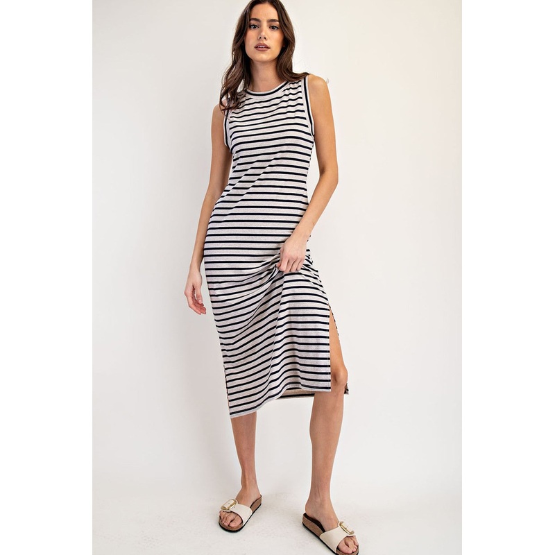 Beige Striped Sleeveless Side Slit Midi Dress