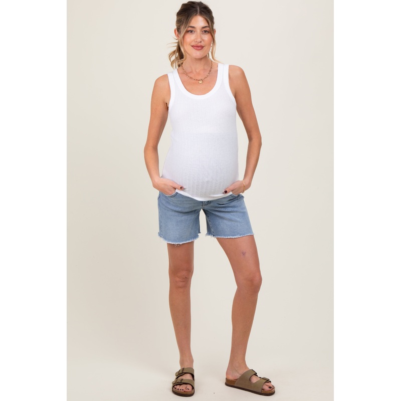 Blue High Rise Distressed Maternity Denim Shorts
