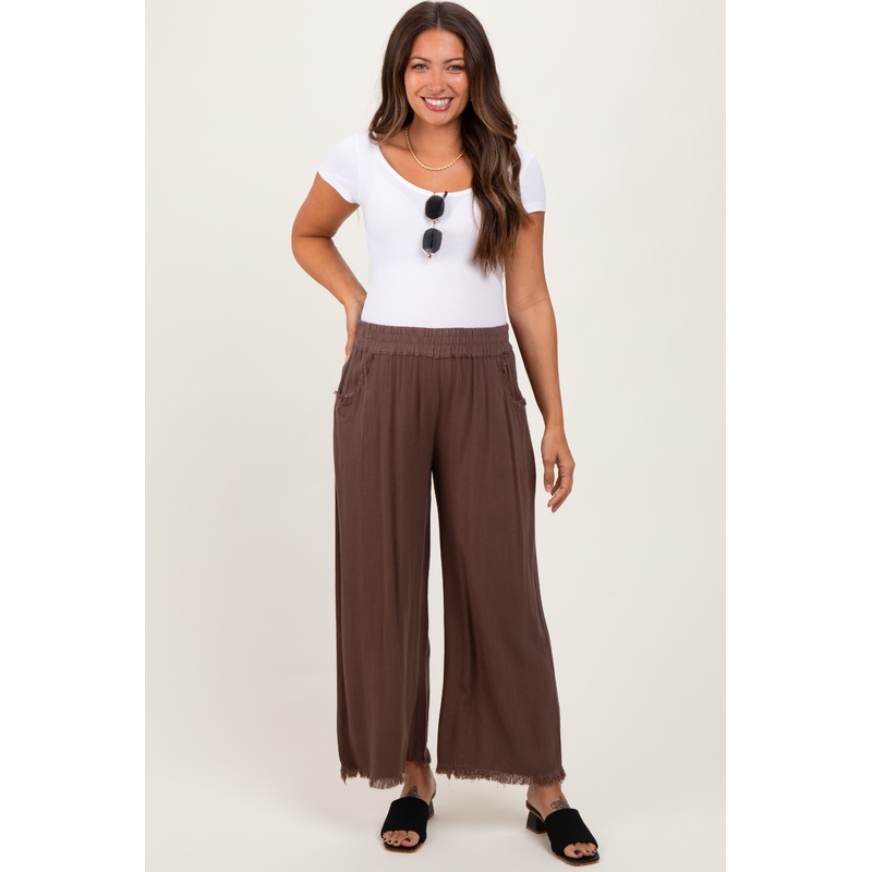 Brown Linen Frayed Hem Crop Maternity Pants