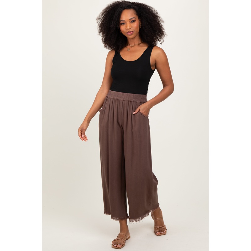 Brown Linen Frayed Hem Crop Pants
