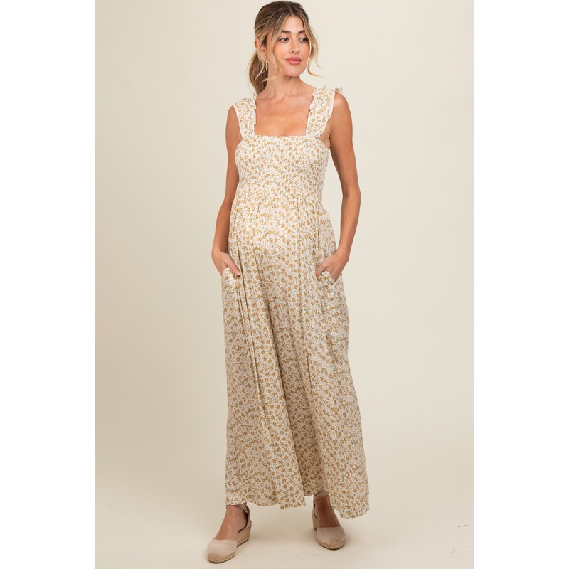 Cream Floral Flowy Maternity Jumpsuit