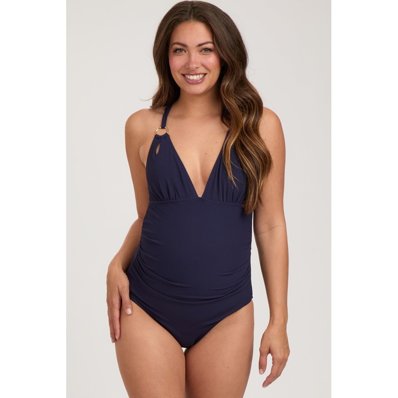 Navy Blue Ribbed V-Neck Ruched Criss Cross Low Back Maternity One Piece Swimsuit