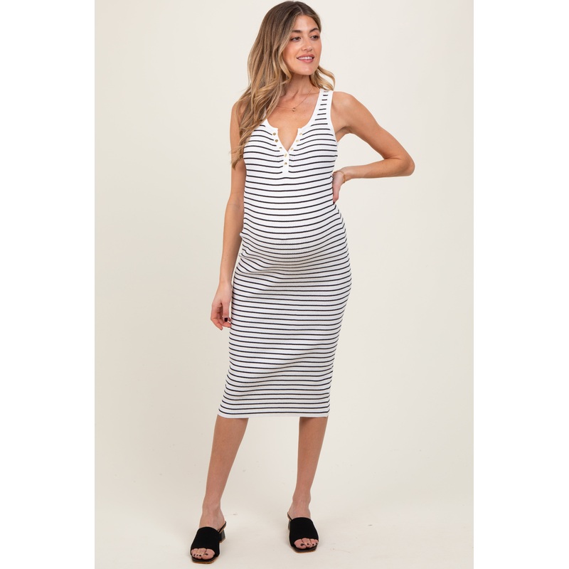 White Striped Sleeveless Fitted Maternity Midi Dress