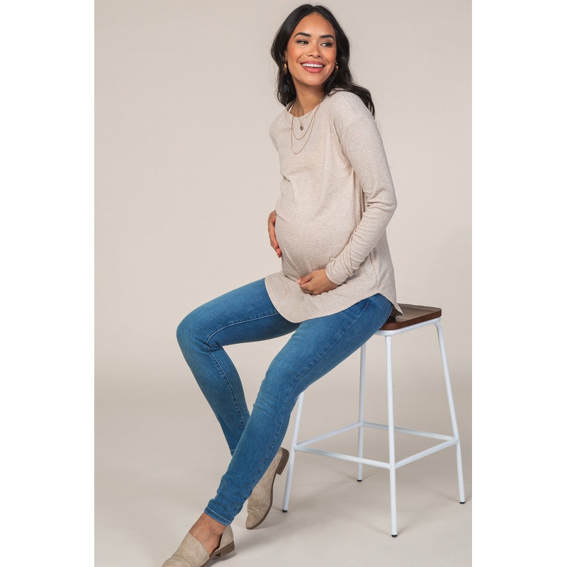Beige Long Sleeve Ribbed Maternity Top