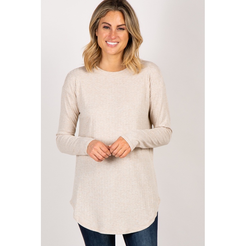 Beige Long Sleeve Ribbed Top