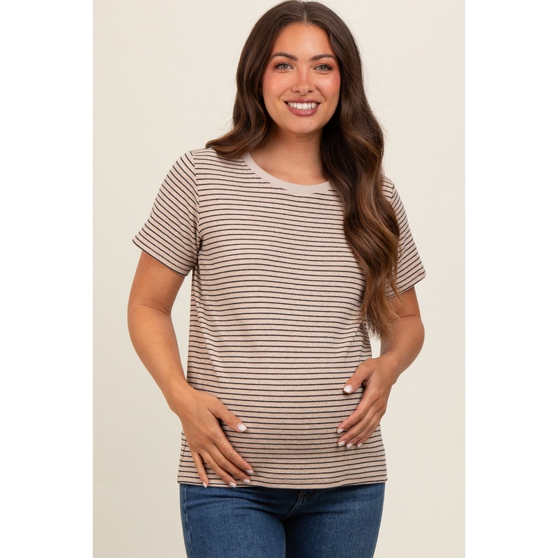 Beige Striped Short Sleeve Maternity Top