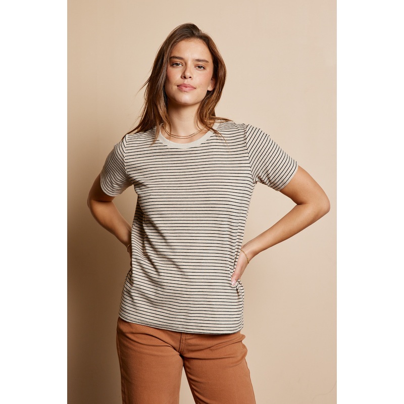 Beige Striped Short Sleeve Top