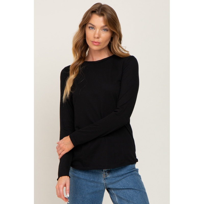 Black Basic Raw Hem Long Sleeve Top