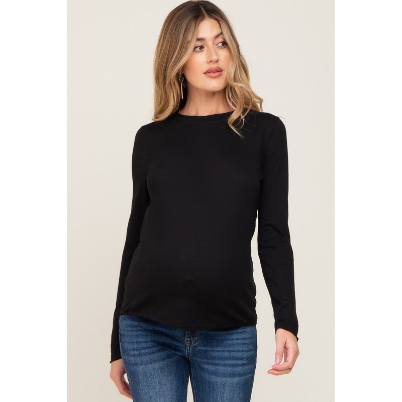 Black Basic Raw Hem Maternity Long Sleeve Top