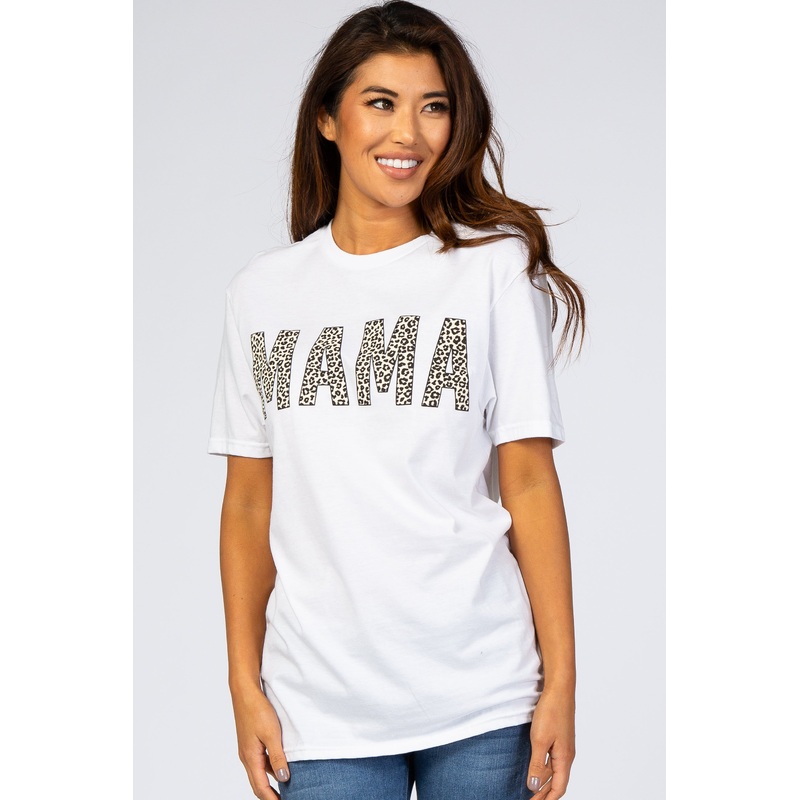 White Animal Print Mama Graphic Top