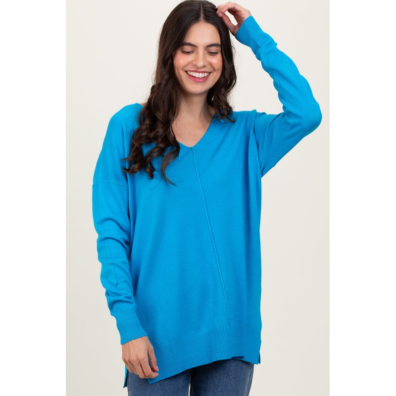 Aqua Front Seam V-Neck Side Slit Sweater