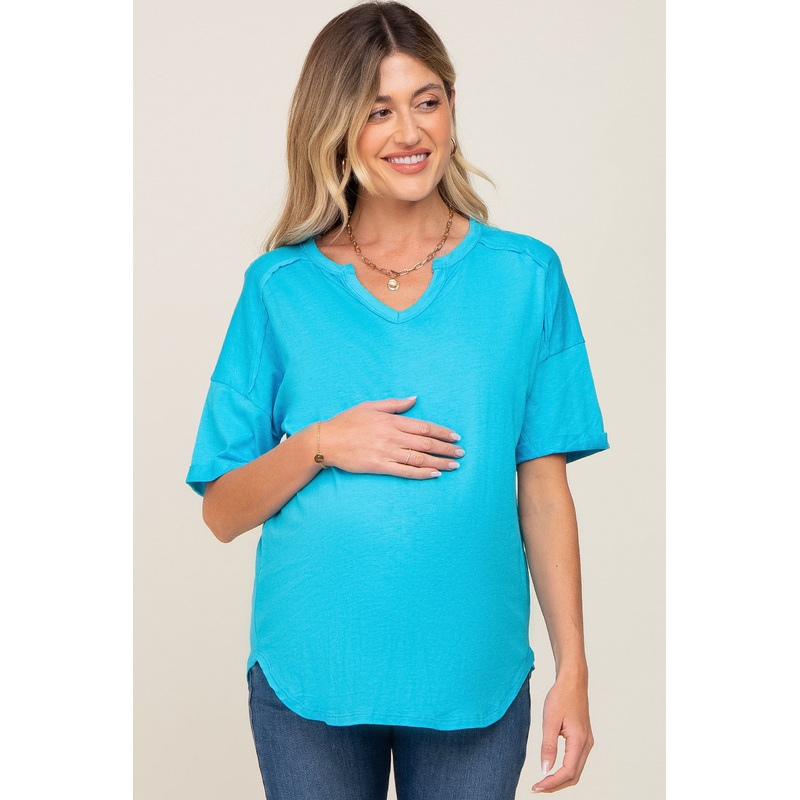 Aqua Oversized V-Neck Cuffed Short Sleeve Maternity Tee