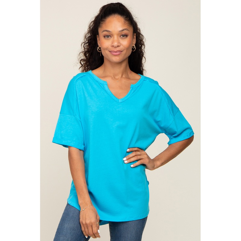 Aqua Oversized V-Neck Cuffed Short Sleeve Tee