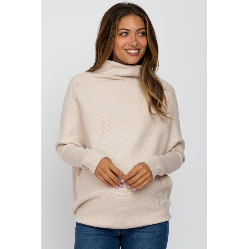 Beige Funnel Neck Dolman Sleeve Maternity Sweater