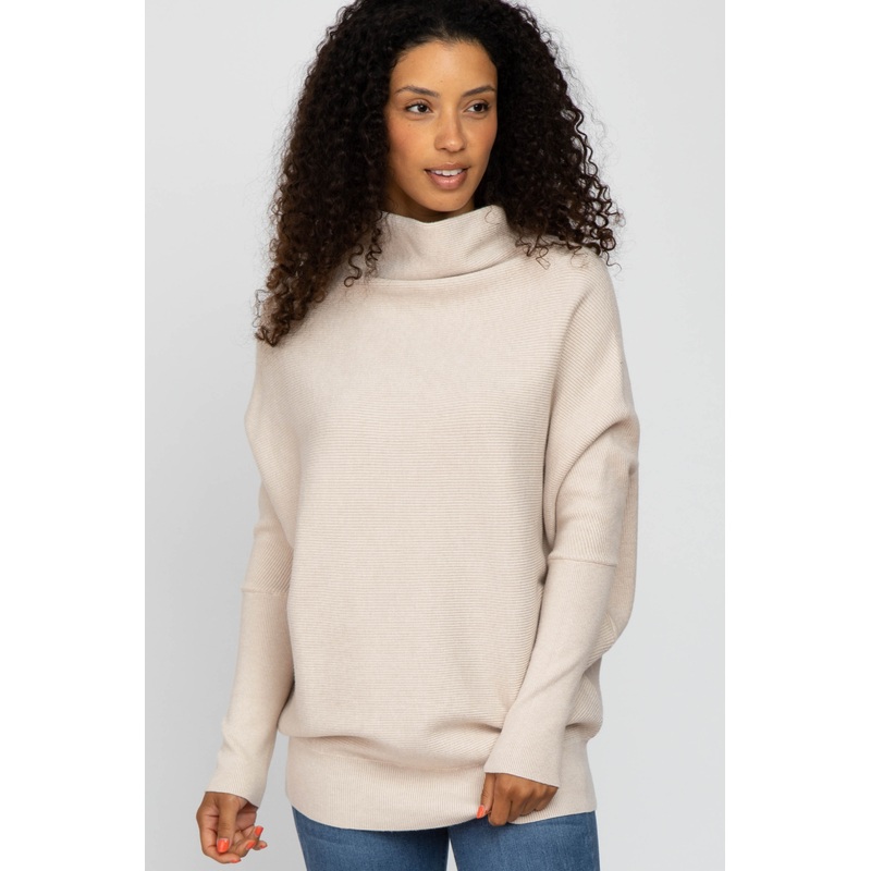 Beige Funnel Neck Dolman Sleeve Sweater