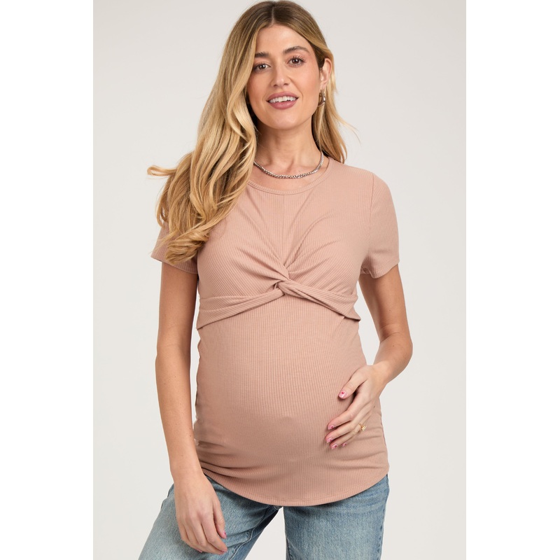 Beige Ribbed Twist Front Maternity Top