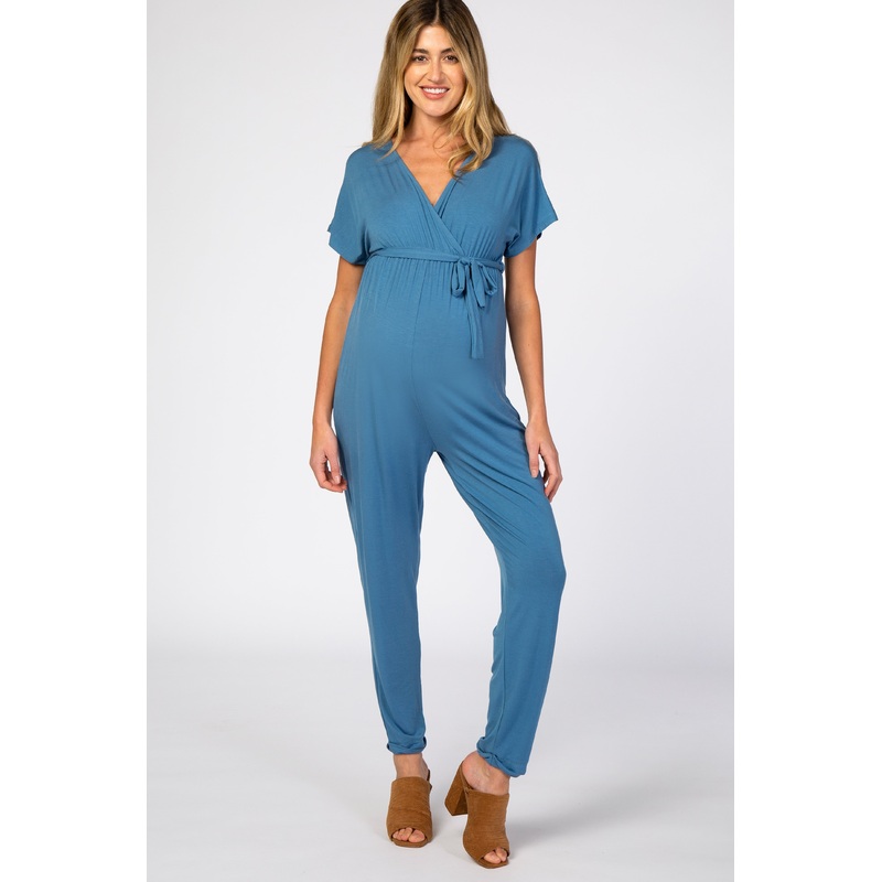 Blue Wrap Tie Maternity Jumpsuit