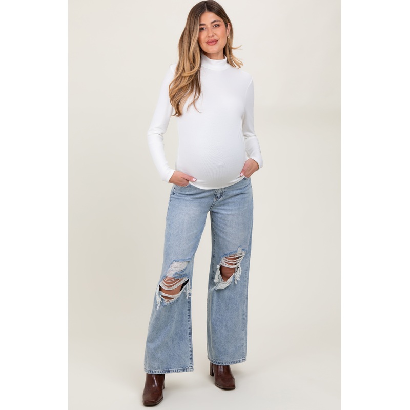 Light Blue Heavily Distressed Open Knee Wide Leg Maternity Jeans