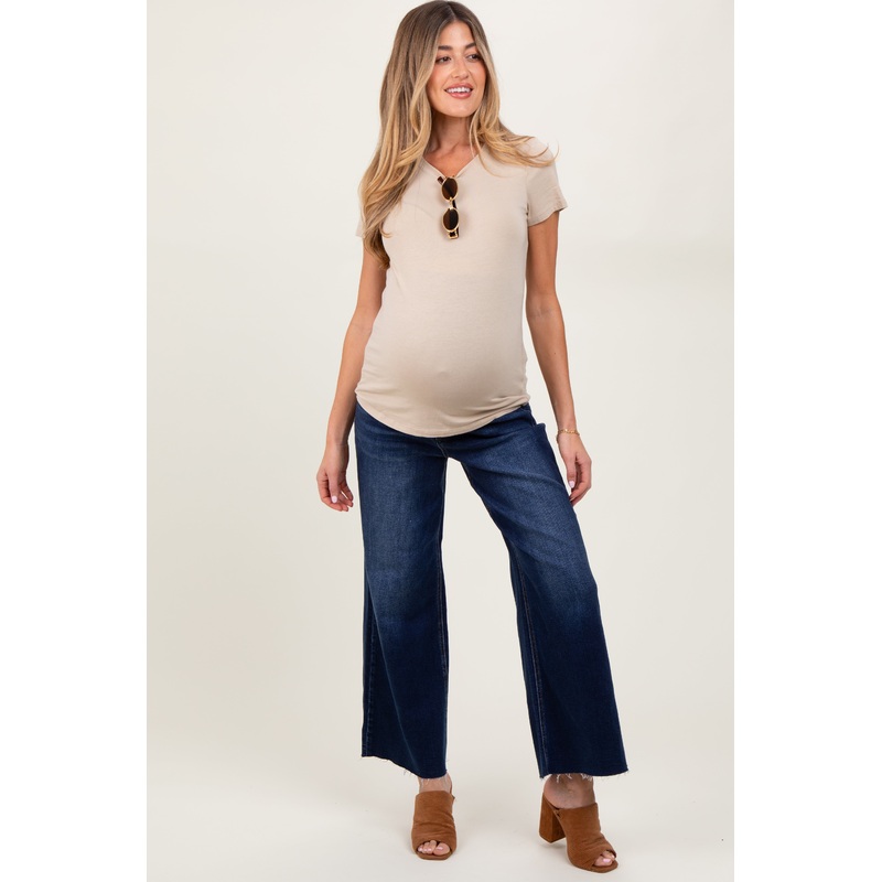 Navy Blue Raw Hem Wide Leg Maternity Jeans