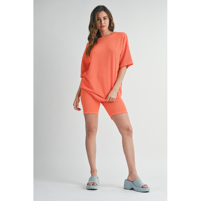 Orange Ribbed Biker Shorts Set