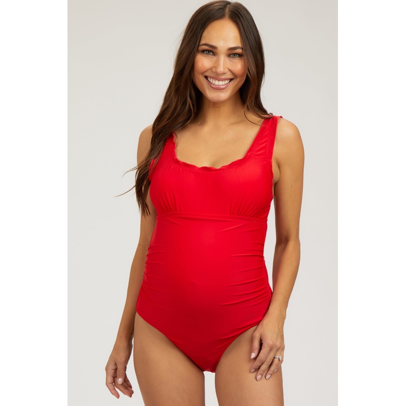 Red Ruched Scalloped Maternity One Piece Swimsuit