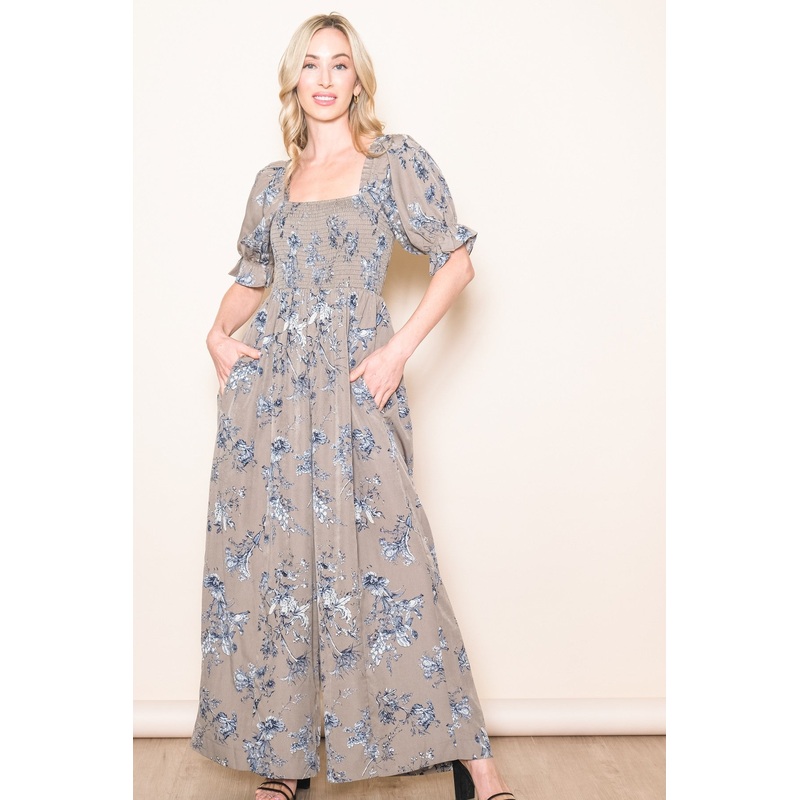 Taupe Floral Smocked Square Neck Wide Leg Jumpsuit