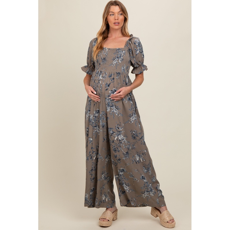 Taupe Floral Smocked Square Neck Wide Leg Maternity Jumpsuit