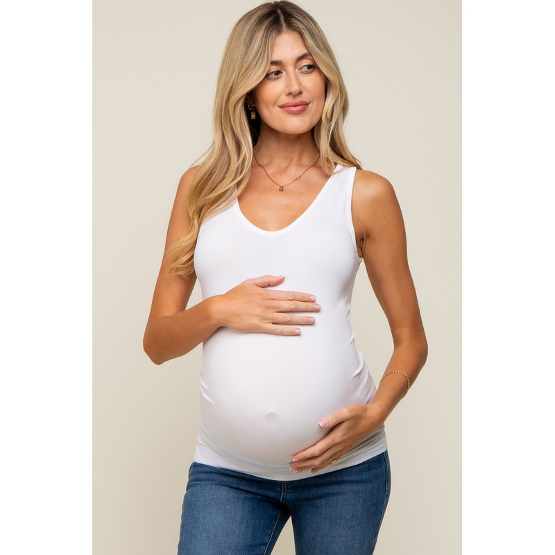 White Basic V-Neck Seamless Maternity Tank