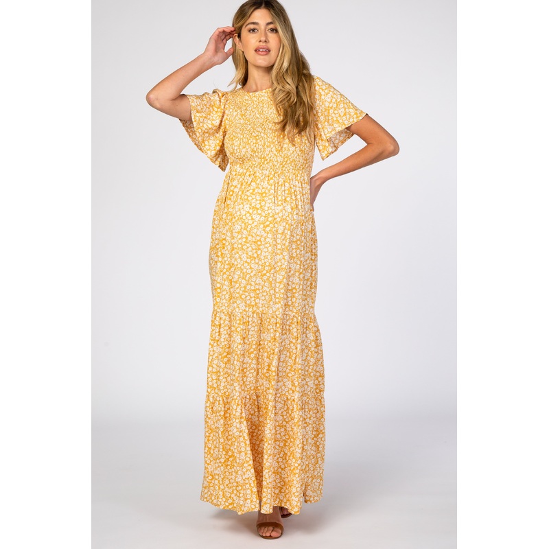 Yellow Floral Smocked Front Pleated Hem Maternity Maxi Dress