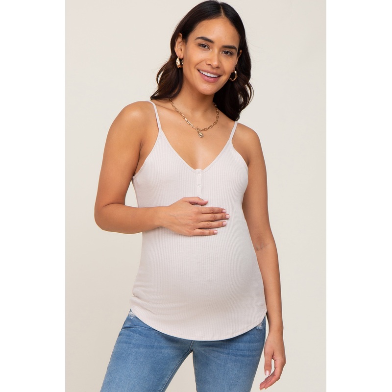 Beige Ribbed Snap Button Maternity Cami