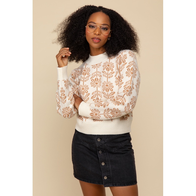 Beige Taupe Floral Pattern Knit Sweater
