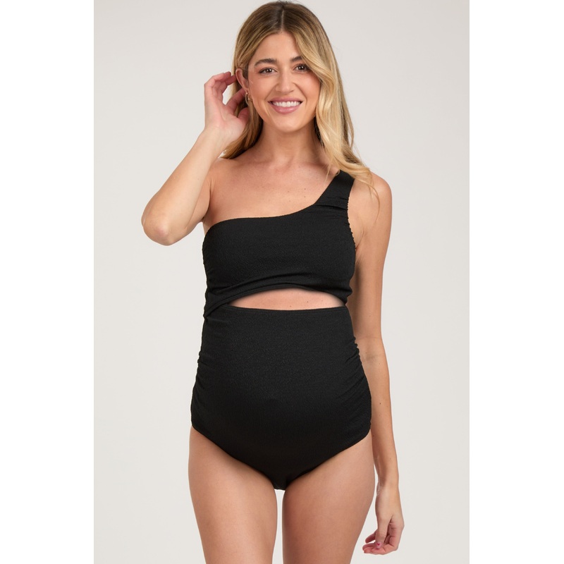 Black Asymmetrical One Shoulder Side Cutout One-Piece Maternity Swimsuit