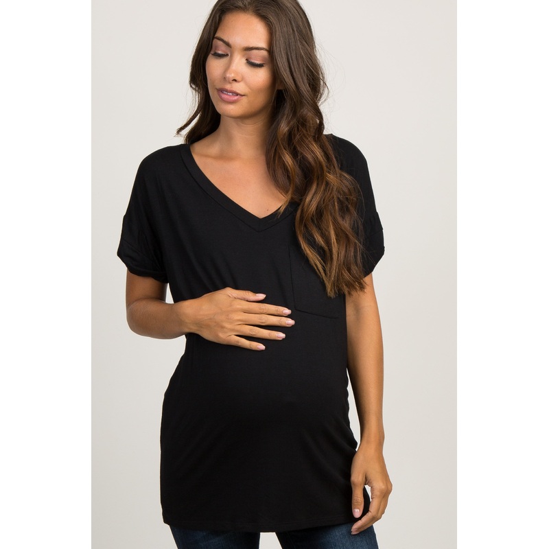 Black Basic V-Neck Pocket Maternity Top