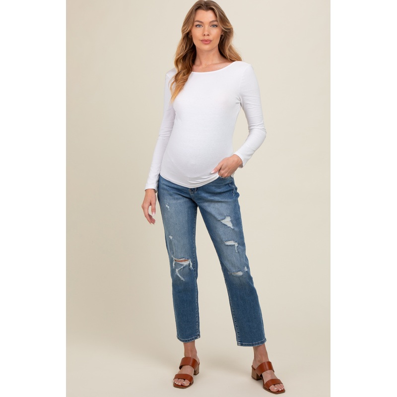 Blue Distressed Open Knee Cropped Straight Leg Maternity Jeans