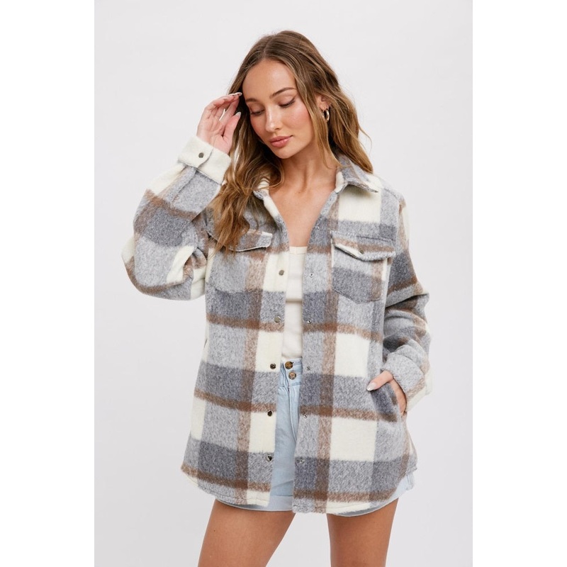 Grey Plaid Fleece Shirt Jacket