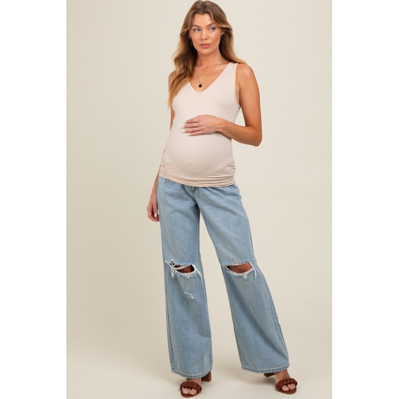 Light Blue Open Knee Relaxed Wide Leg Maternity Jeans