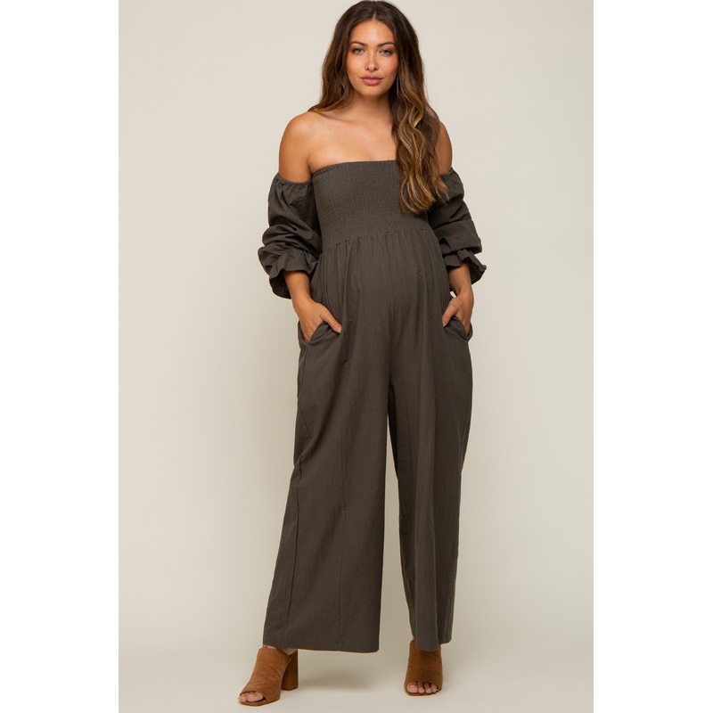 Olive Linen Smocked Off Shoulder Wide Leg Maternity Jumpsuit