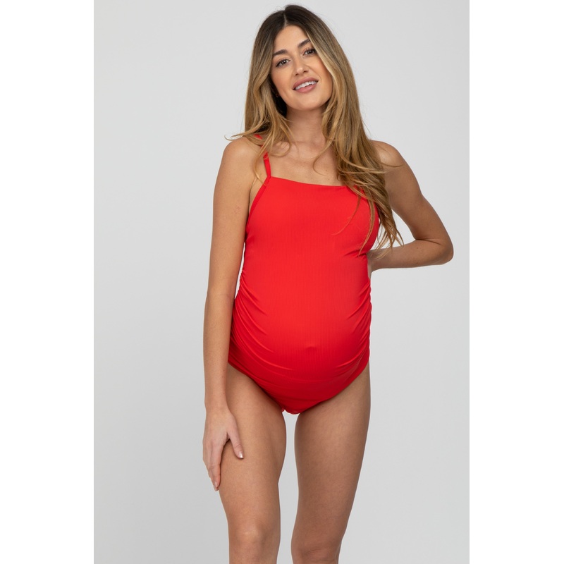 Red Ribbed One-Piece Maternity Swimsuit