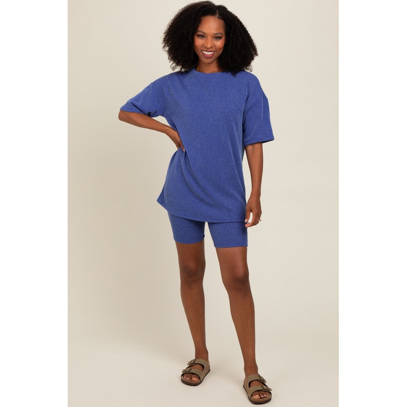 Royal Blue Ribbed Biker Shorts Set