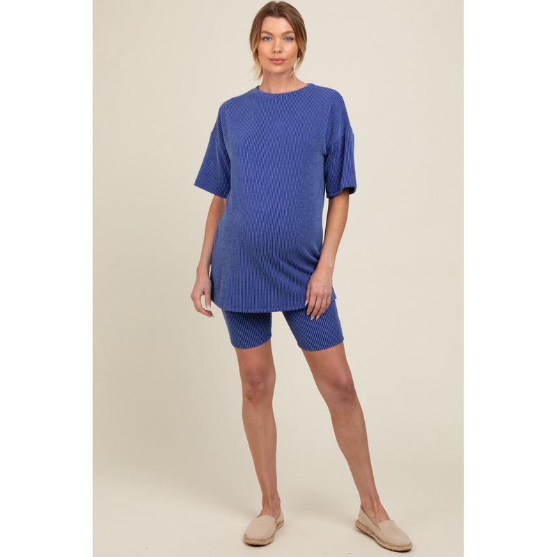 Royal Blue Ribbed Maternity Biker Shorts Set