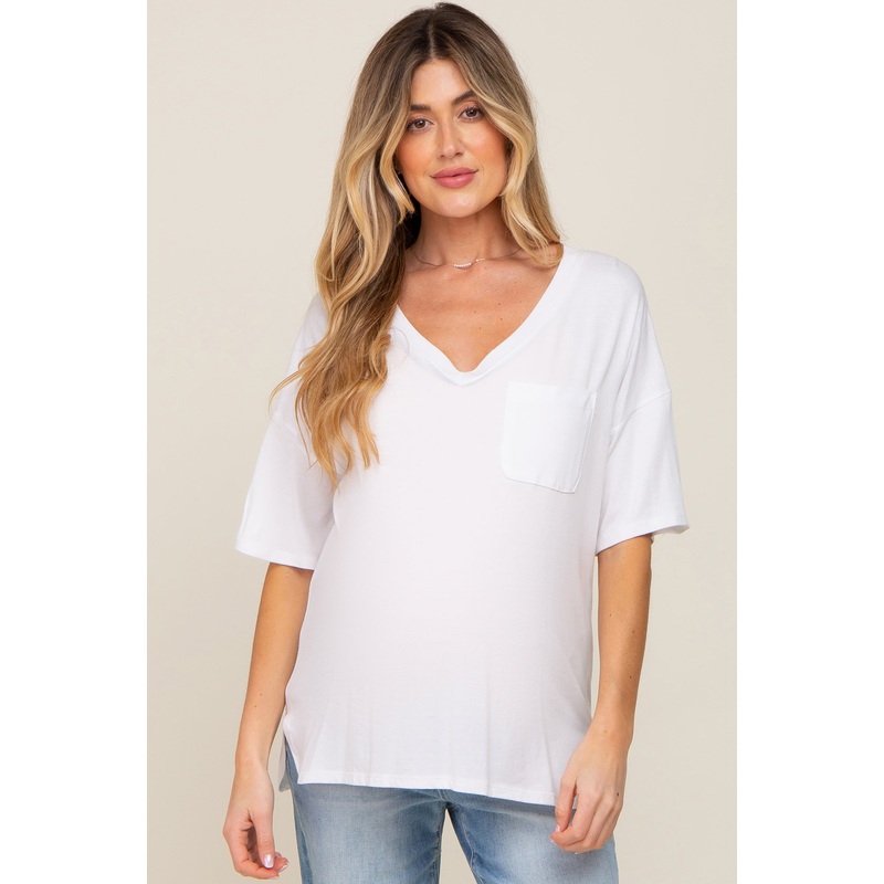 White Pocketed V-Neck Maternity Top