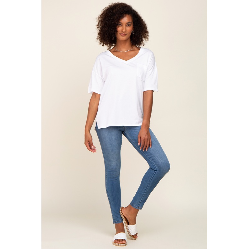 White Pocketed V-Neck Top