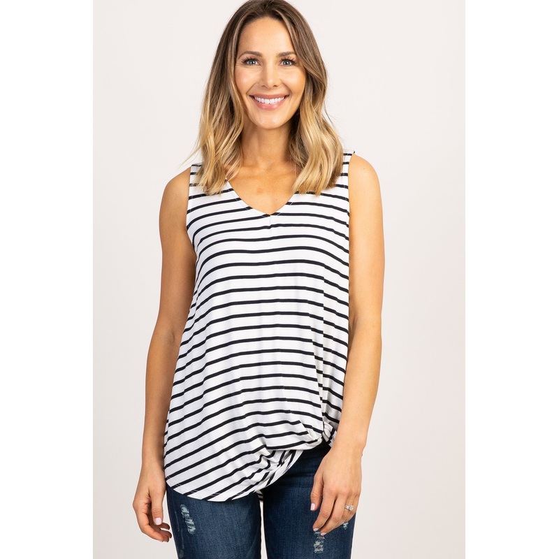 White Striped Sleeveless Tie Front Top