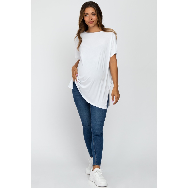 White Short Sleeve Boatneck Maternity Top