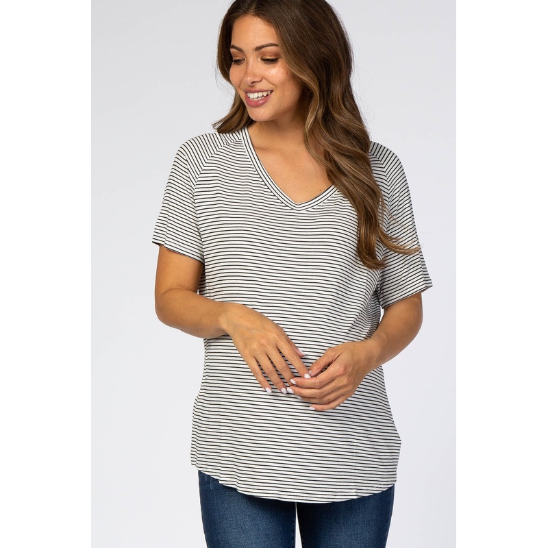 White Striped V-Neck Maternity Short Sleeve Top