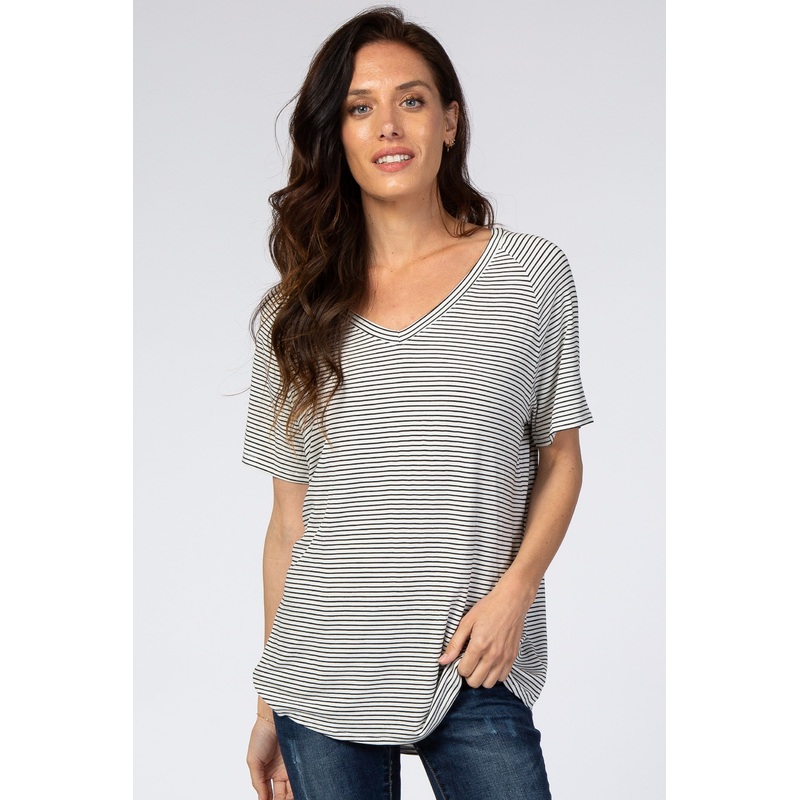 White Striped V-Neck Short Sleeve Top