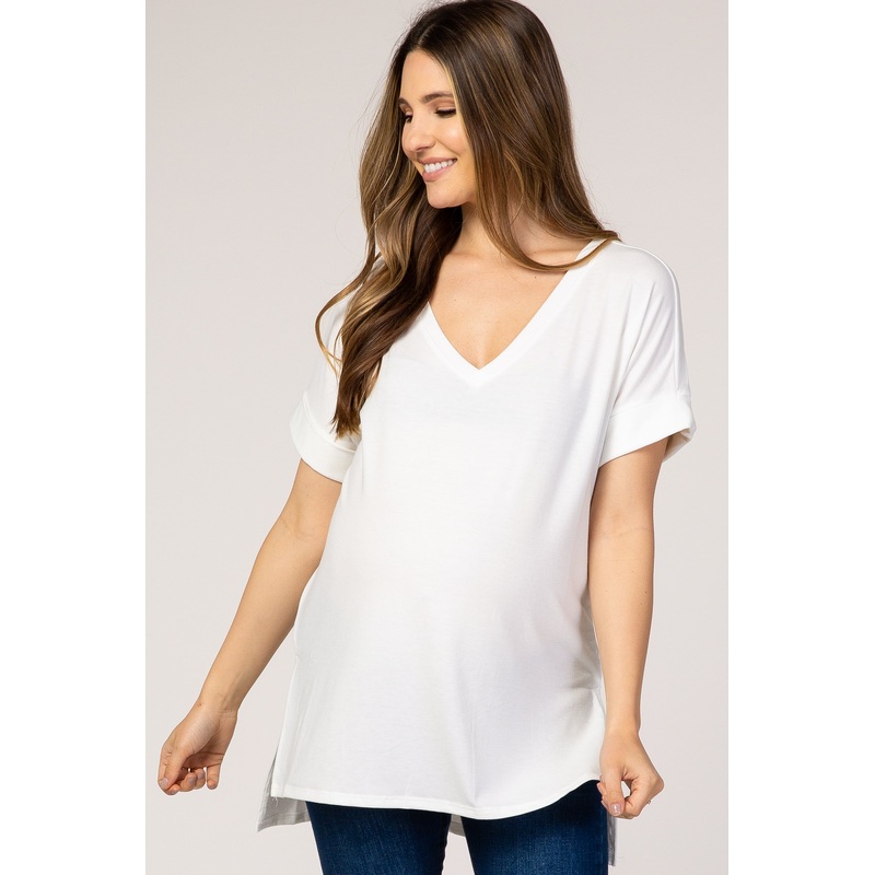 White V-Neck Cuffed Short Sleeve Maternity Top