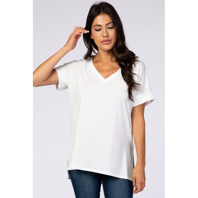 White V-Neck Cuffed Short Sleeve Top