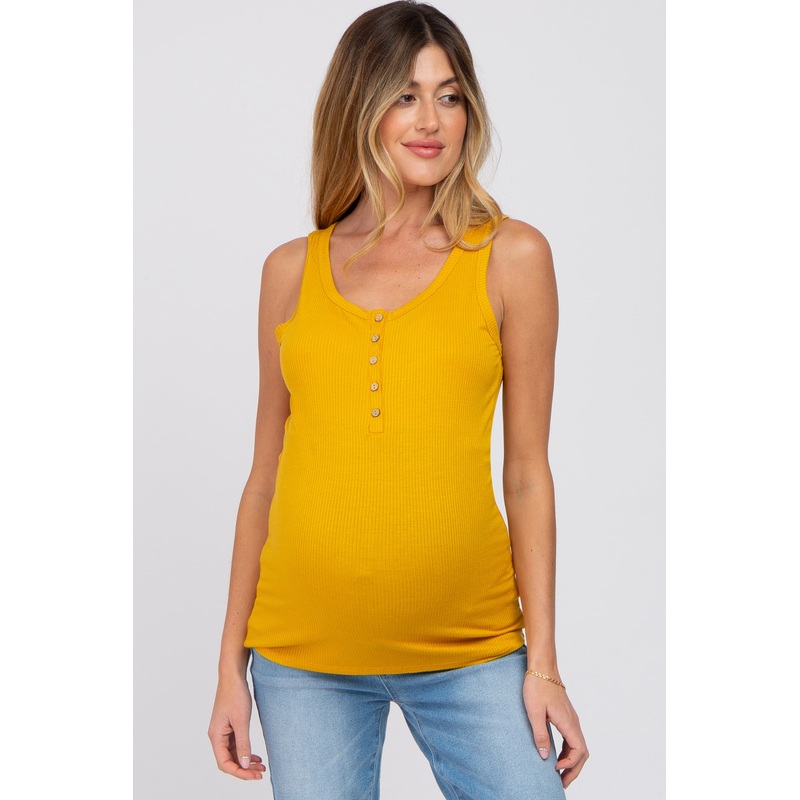 Yellow Ribbed Button Up Maternity Tank Top