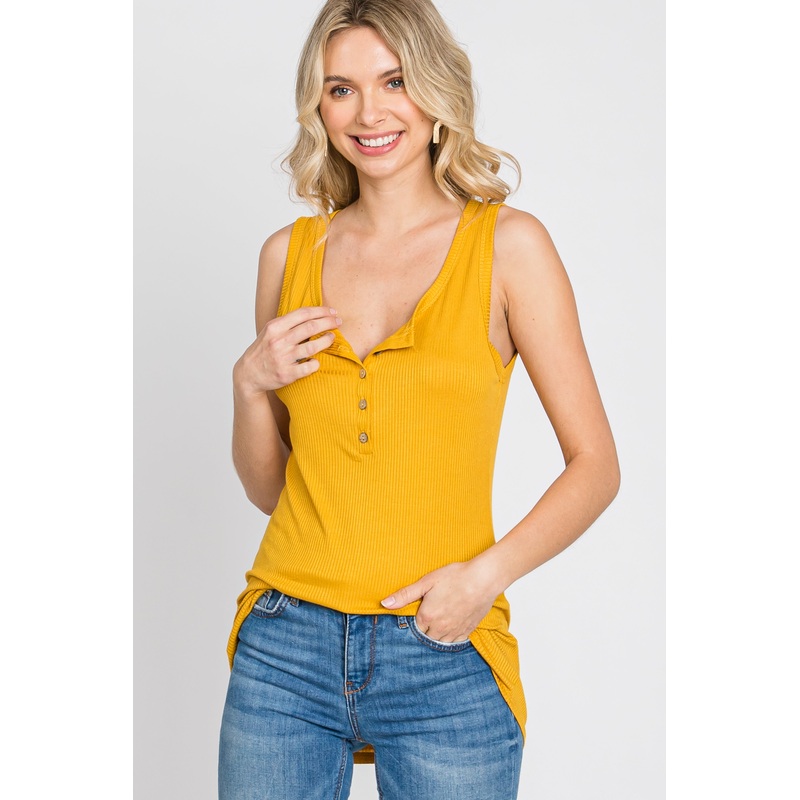 Yellow Ribbed Button Up Tank Top